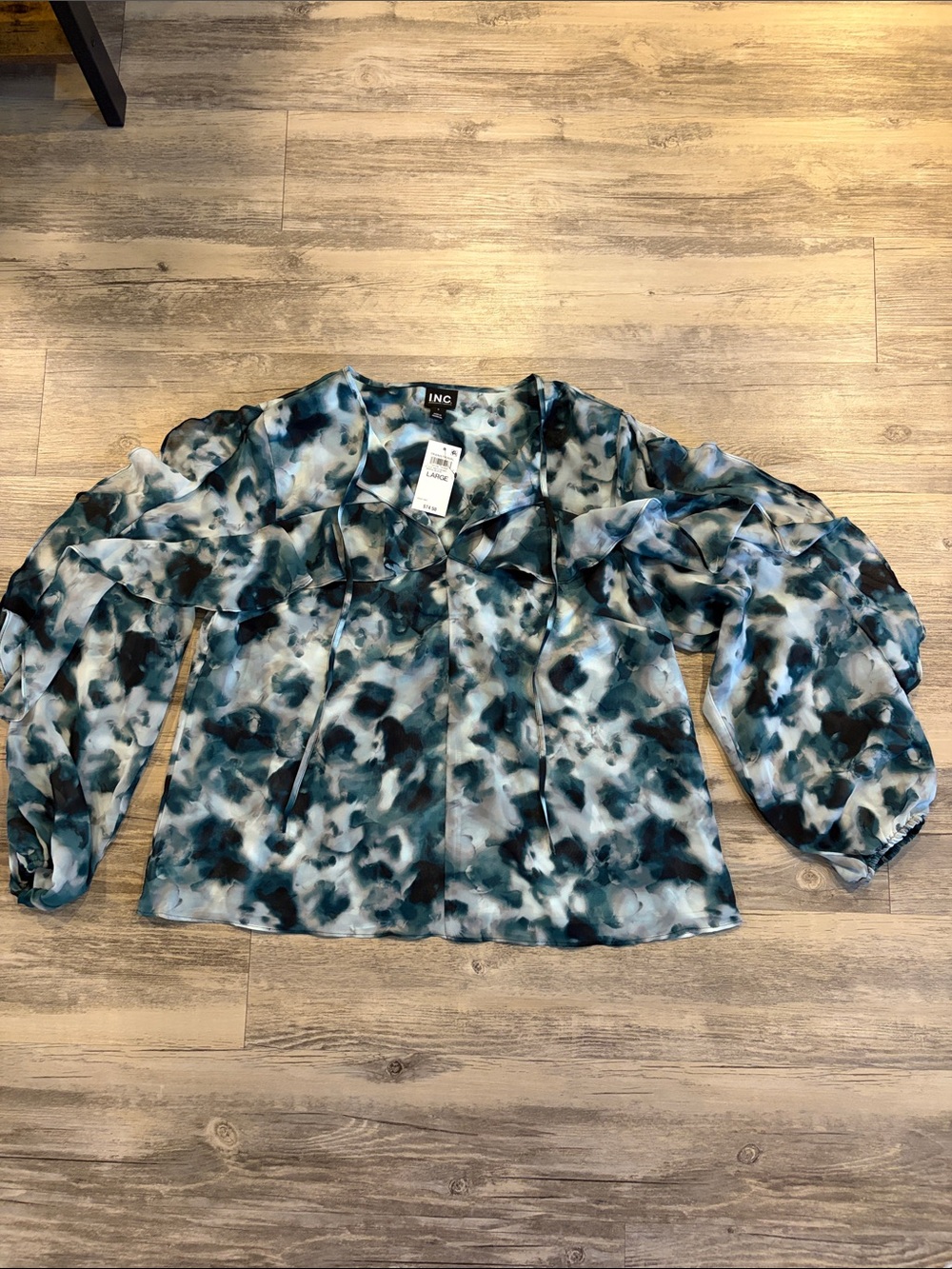 INC International Concepts Teal and Black Watercolor Print Blouse